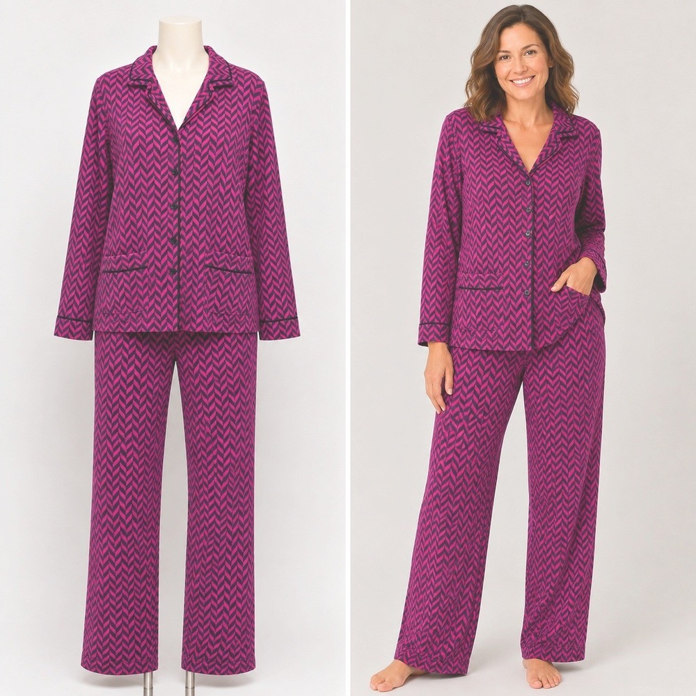 Anne Klein Pajama Set Womens Large Pink Herringbone Fleece Button Up Pants 2pc